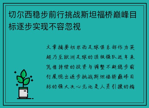 切尔西稳步前行挑战斯坦福桥巅峰目标逐步实现不容忽视