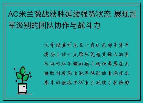 AC米兰激战获胜延续强势状态 展现冠军级别的团队协作与战斗力