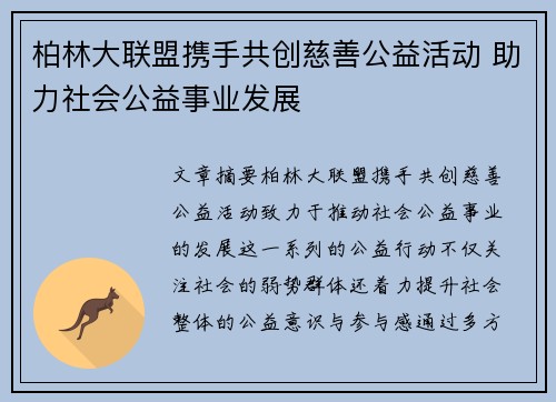 柏林大联盟携手共创慈善公益活动 助力社会公益事业发展