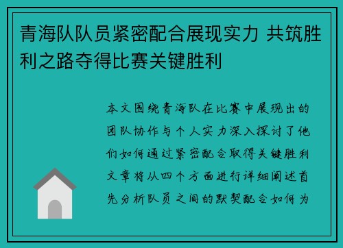 青海队队员紧密配合展现实力 共筑胜利之路夺得比赛关键胜利